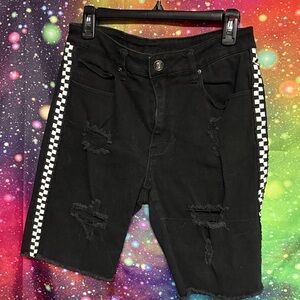 Rue21 Black Distressed Denim Shorts with Checker Side Stripe